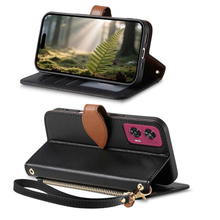 For Motorola Moro Edge 50 Fusion Leaf Buckle Zipper Wallet Leather Phone Case with Strap