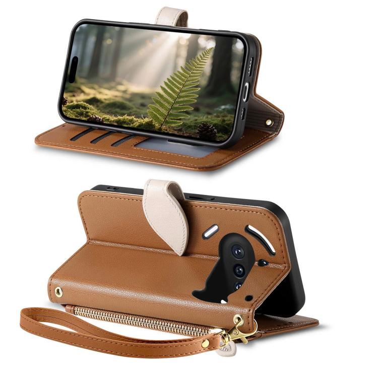 For Nothing Phone 3a Leaf Buckle Zipper Wallet Leather Phone Case with Strap