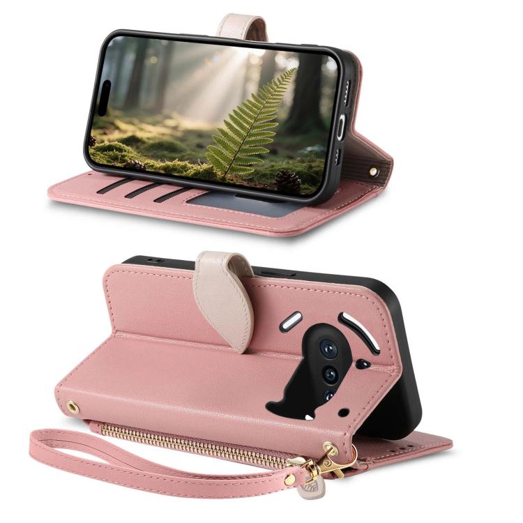 For Nothing Phone 3a Leaf Buckle Zipper Wallet Leather Phone Case with Strap