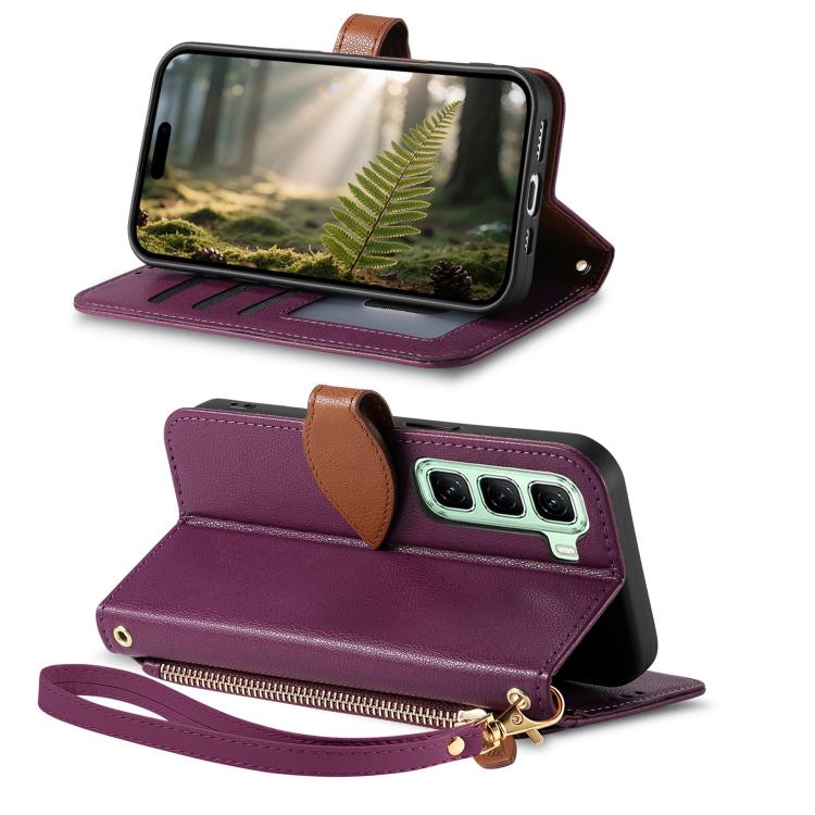 For Infinix Hot 50 Pro 4G Leaf Buckle Zipper Wallet Leather Phone Case with Strap