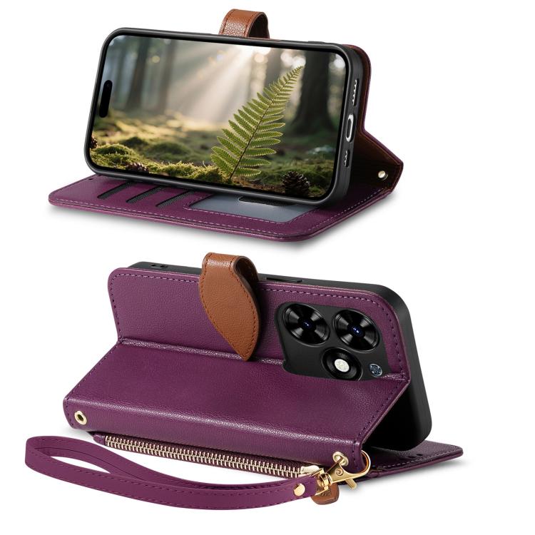 For Tecno Spark 20C Leaf Buckle Zipper Wallet Leather Phone Case with Strap