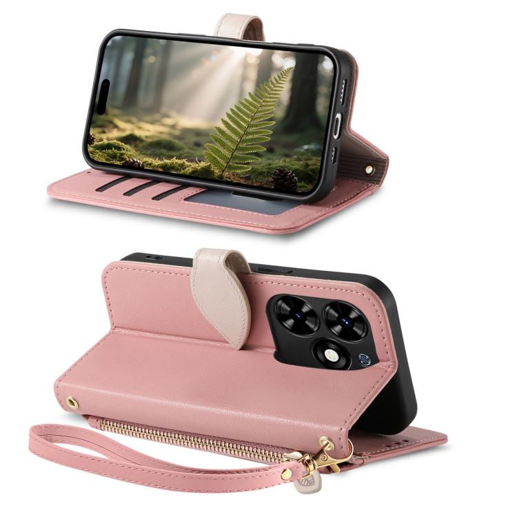 For Tecno Spark 20C Leaf Buckle Zipper Wallet Leather Phone Case with Strap