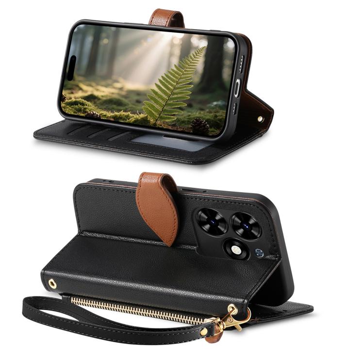 For Tecno Spark 20C Leaf Buckle Zipper Wallet Leather Phone Case with Strap