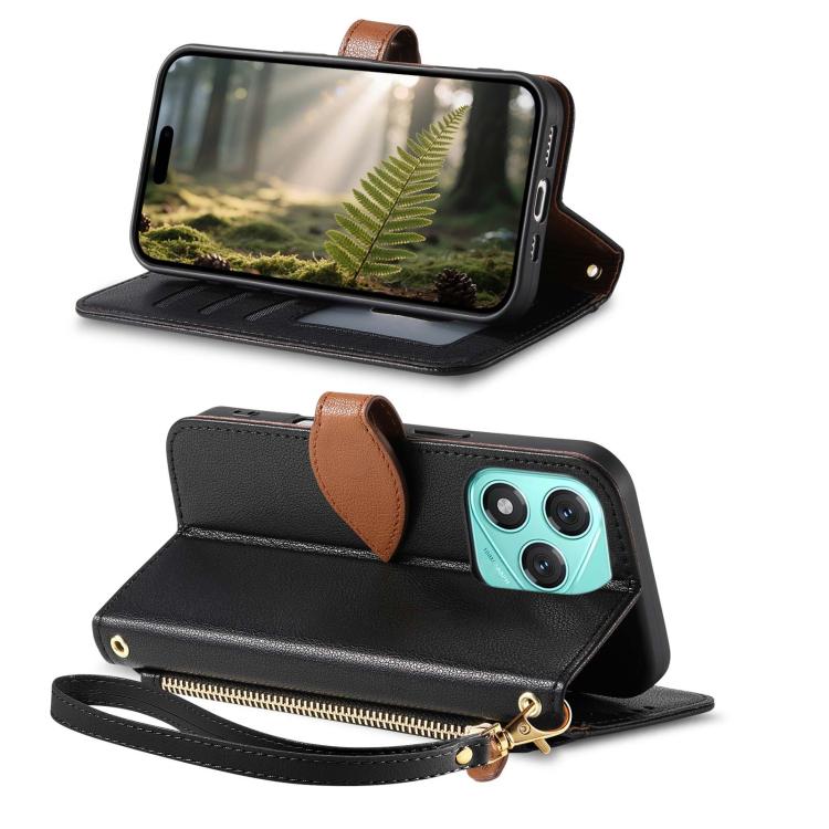 For Honor 400 Lite Glodal Leaf Buckle Zipper Wallet Leather Phone Case with Strap
