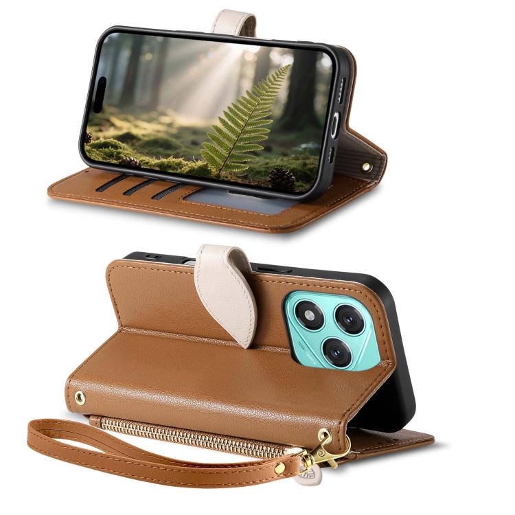For Honor X60 Pro Leaf Buckle Zipper Wallet Leather Phone Case with Strap