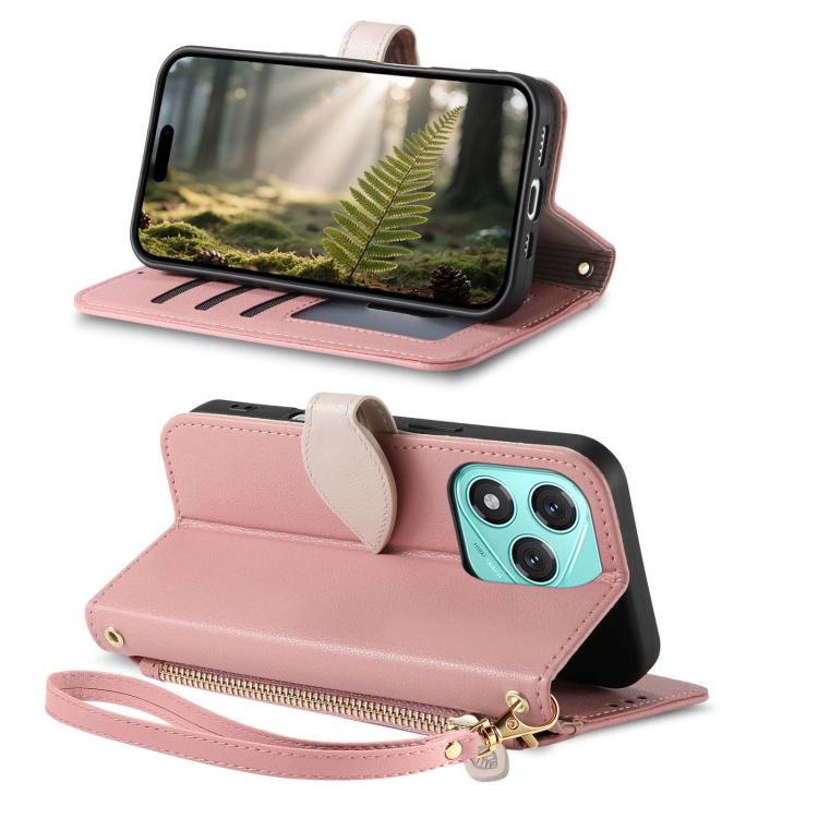 For Honor X60 Pro Leaf Buckle Zipper Wallet Leather Phone Case with Strap