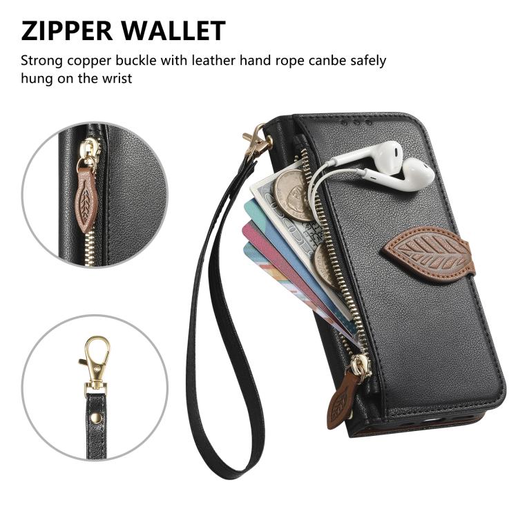 For Honor X60 Pro Leaf Buckle Zipper Wallet Leather Phone Case with Strap