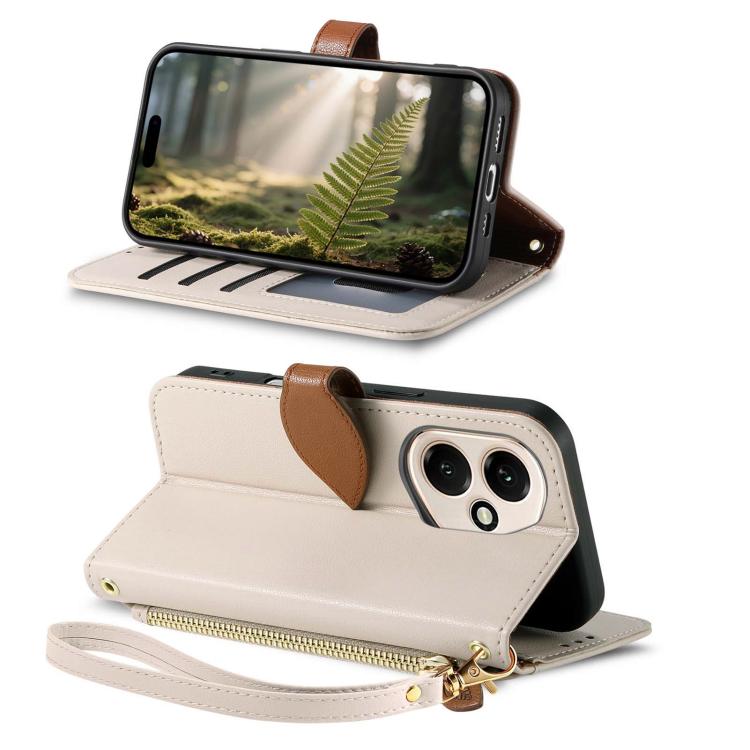 For Honor 400 Global 156.5mm Leaf Buckle Zipper Wallet Leather Phone Case with Strap