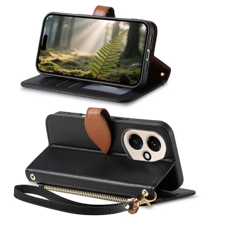 For Honor 400 Global 156.5mm Leaf Buckle Zipper Wallet Leather Phone Case with Strap