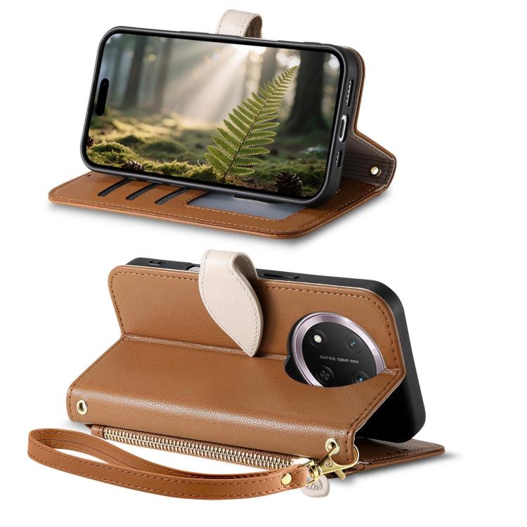 For Honor 400 Smart Leaf Buckle Zipper Wallet Leather Phone Case with Strap
