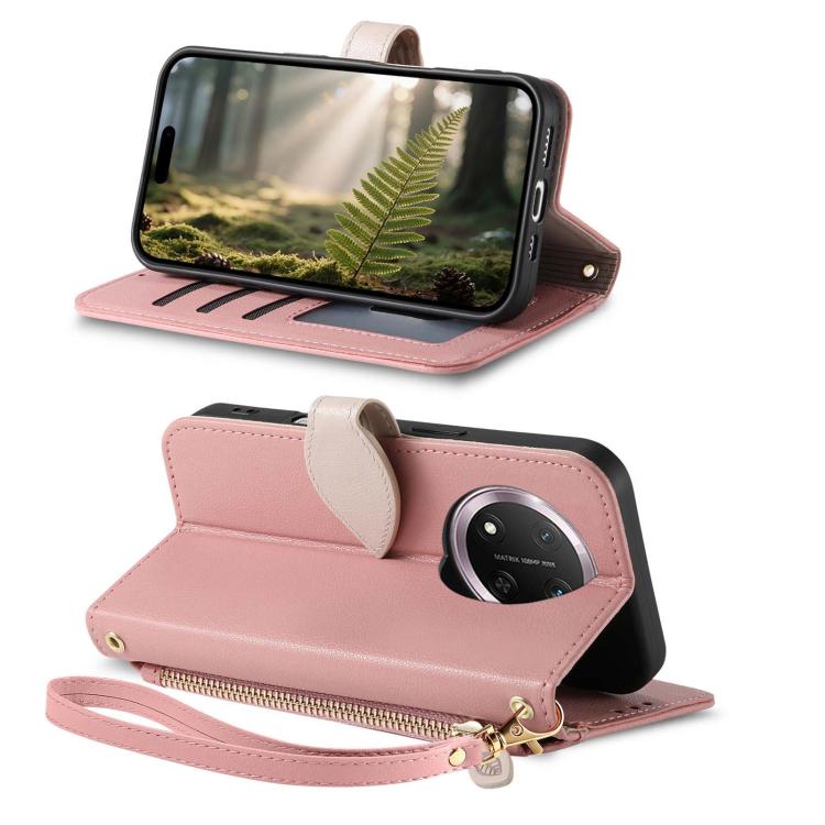 For Honor 400 Smart Leaf Buckle Zipper Wallet Leather Phone Case with Strap
