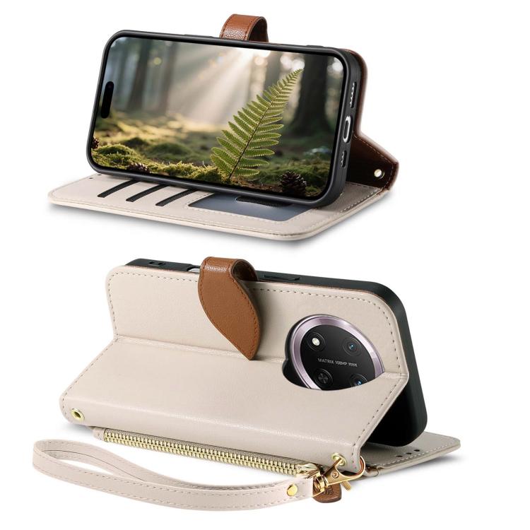 For Honor 400 Smart Leaf Buckle Zipper Wallet Leather Phone Case with Strap