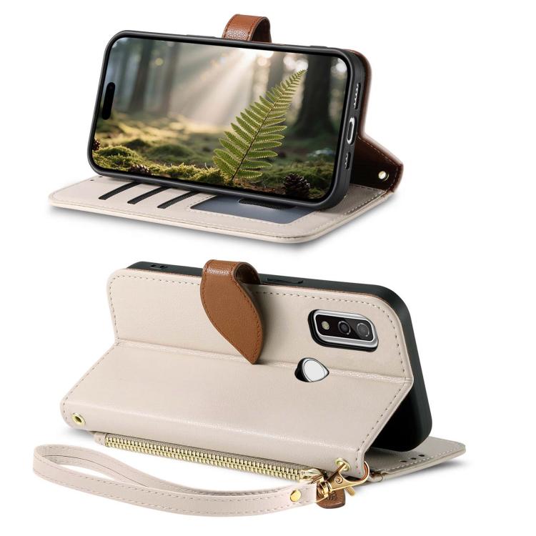 For Fujitsu Arrows WE F-51B Leaf Buckle Zipper Wallet Leather Phone Case with Strap