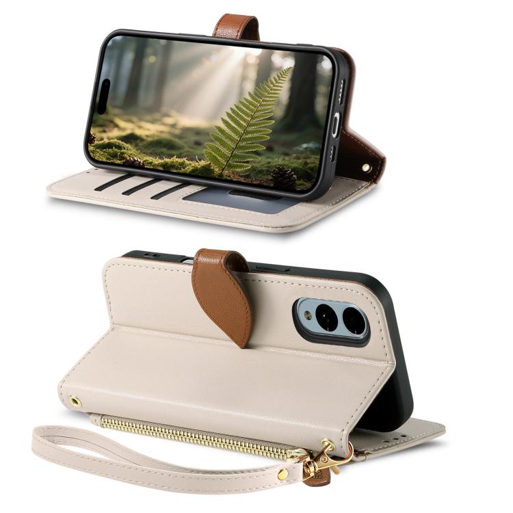 For Fujitsu Arrows WE2 F-52E Leaf Buckle Zipper Wallet Leather Phone Case with Strap