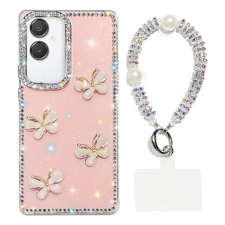 For Samsung Galaxy A07 5G Rhinestone Glitter 3D Butterfly Hand Chain Four-Corner Shockproof Phone Case