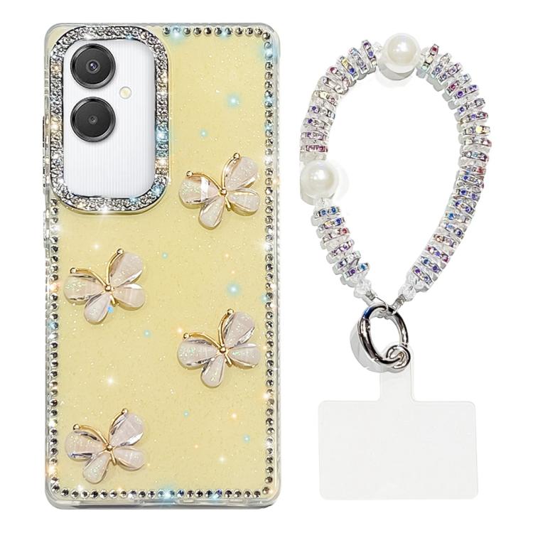 For Samsung Galaxy A07 5G Rhinestone Glitter 3D Butterfly Hand Chain Four-Corner Shockproof Phone Case