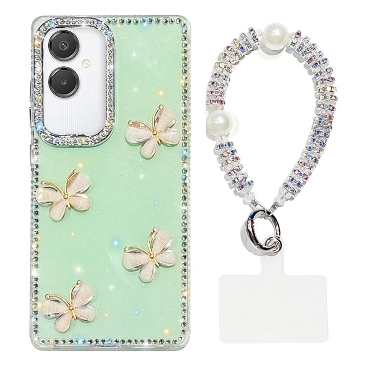 For Samsung Galaxy A07 5G Rhinestone Glitter 3D Butterfly Hand Chain Four-Corner Shockproof Phone Case