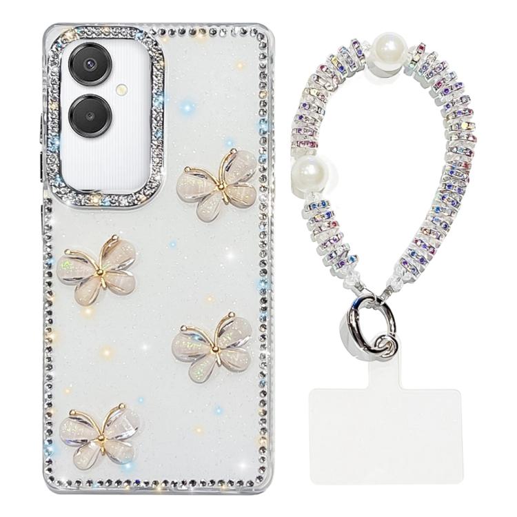 For Samsung Galaxy A07 5G Rhinestone Glitter 3D Butterfly Hand Chain Four-Corner Shockproof Phone Case