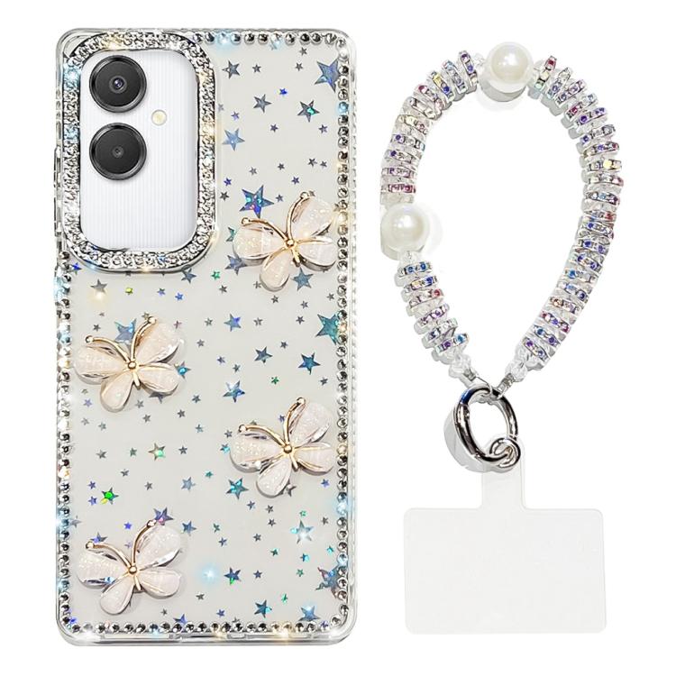 For Samsung Galaxy A07 5G Rhinestone Glitter 3D Butterfly Hand Chain Four-Corner Shockproof Phone Case