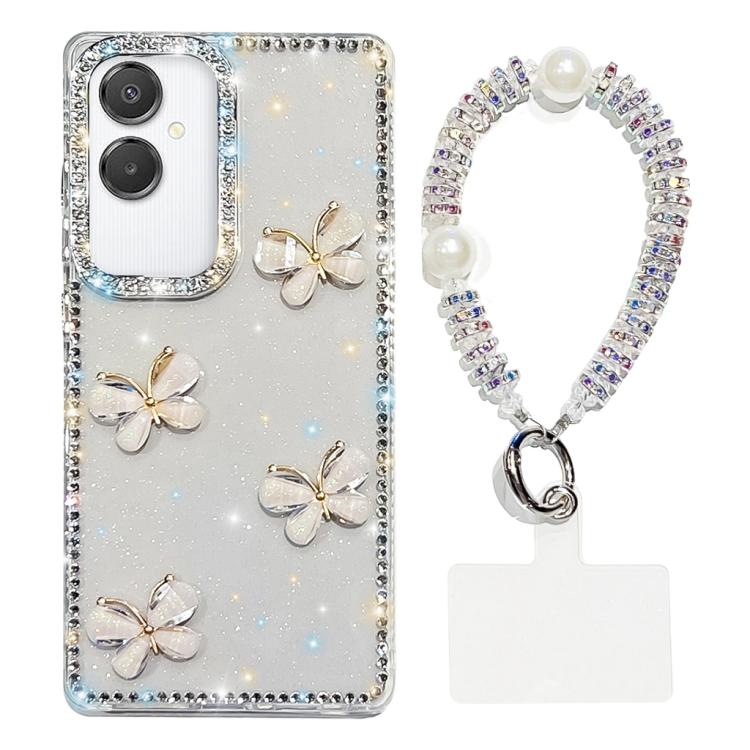 For Samsung Galaxy A07 5G Rhinestone Glitter 3D Butterfly Hand Chain Four-Corner Shockproof Phone Case
