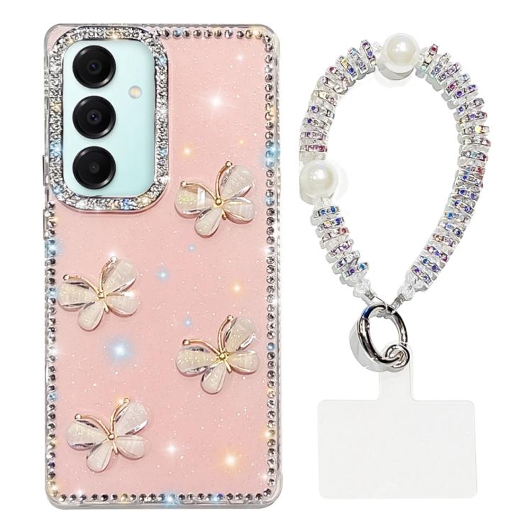 For Samsung Galaxy A17 5G Rhinestone Glitter 3D Butterfly Hand Chain Four-Corner Shockproof Phone Case