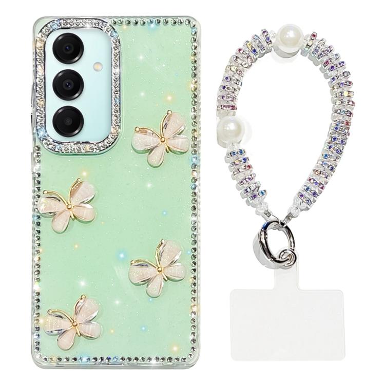 For Samsung Galaxy A17 5G Rhinestone Glitter 3D Butterfly Hand Chain Four-Corner Shockproof Phone Case
