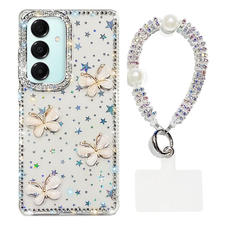 For Samsung Galaxy A17 5G Rhinestone Glitter 3D Butterfly Hand Chain Four-Corner Shockproof Phone Case