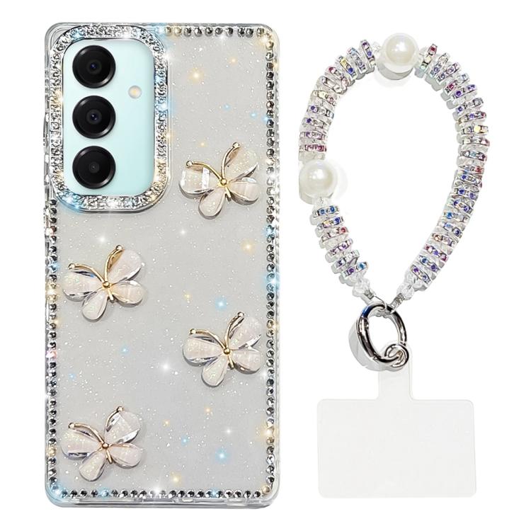 For Samsung Galaxy A17 5G Rhinestone Glitter 3D Butterfly Hand Chain Four-Corner Shockproof Phone Case