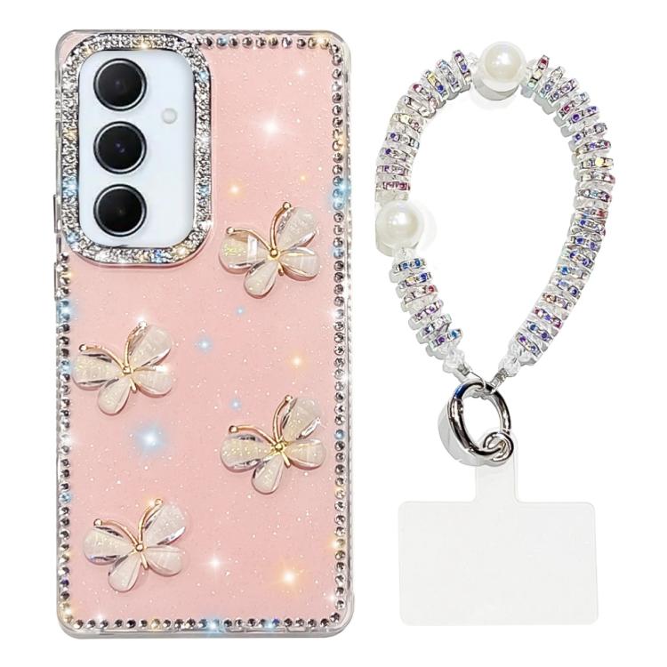 For Samsung Galaxy A56 5G Rhinestone Glitter 3D Butterfly Hand Chain Four-Corner Shockproof Phone Case