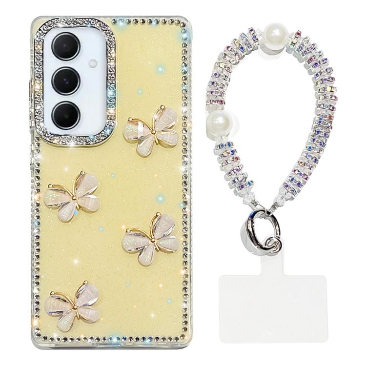 For Samsung Galaxy A56 5G Rhinestone Glitter 3D Butterfly Hand Chain Four-Corner Shockproof Phone Case
