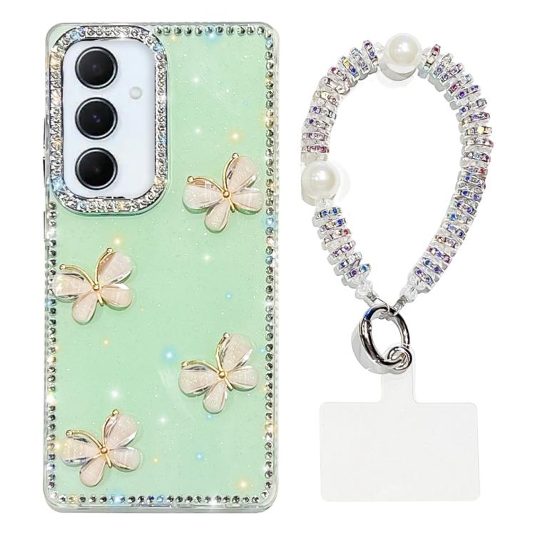 For Samsung Galaxy A56 5G Rhinestone Glitter 3D Butterfly Hand Chain Four-Corner Shockproof Phone Case