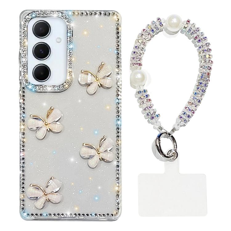 For Samsung Galaxy A56 5G Rhinestone Glitter 3D Butterfly Hand Chain Four-Corner Shockproof Phone Case