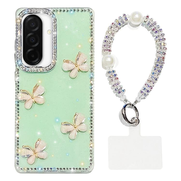 For Samsung Galaxy A26 5G Rhinestone Glitter 3D Butterfly Hand Chain Four-Corner Shockproof Phone Case