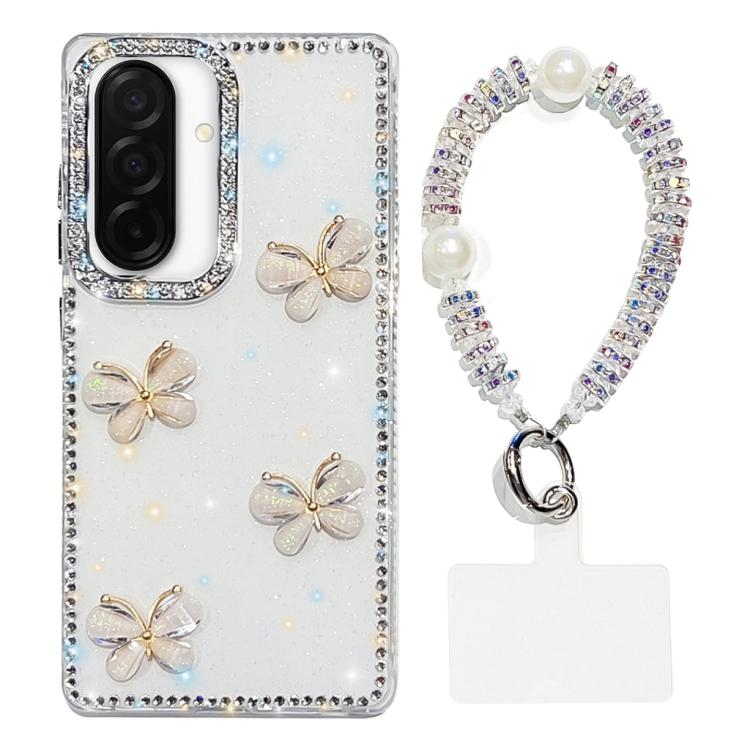 For Samsung Galaxy A26 5G Rhinestone Glitter 3D Butterfly Hand Chain Four-Corner Shockproof Phone Case