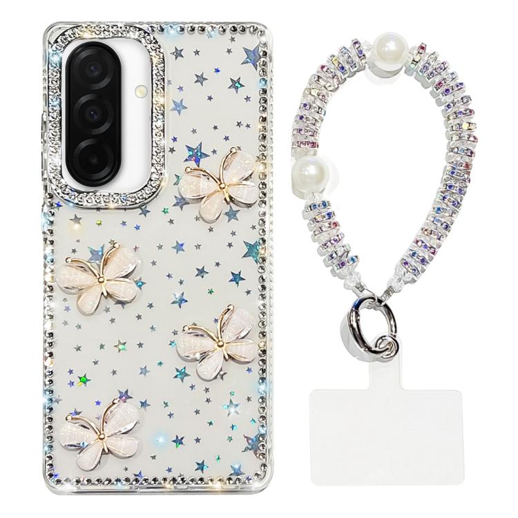 For Samsung Galaxy A26 5G Rhinestone Glitter 3D Butterfly Hand Chain Four-Corner Shockproof Phone Case