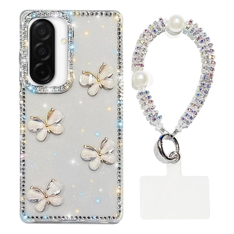 For Samsung Galaxy A26 5G Rhinestone Glitter 3D Butterfly Hand Chain Four-Corner Shockproof Phone Case
