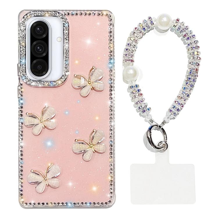 For Samsung Galaxy A36 5G Rhinestone Glitter 3D Butterfly Hand Chain Four-Corner Shockproof Phone Case