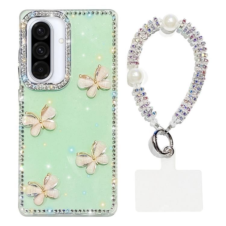 For Samsung Galaxy A36 5G Rhinestone Glitter 3D Butterfly Hand Chain Four-Corner Shockproof Phone Case