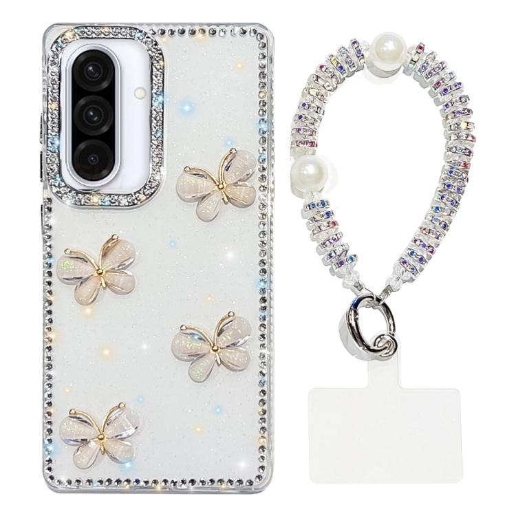 For Samsung Galaxy A36 5G Rhinestone Glitter 3D Butterfly Hand Chain Four-Corner Shockproof Phone Case
