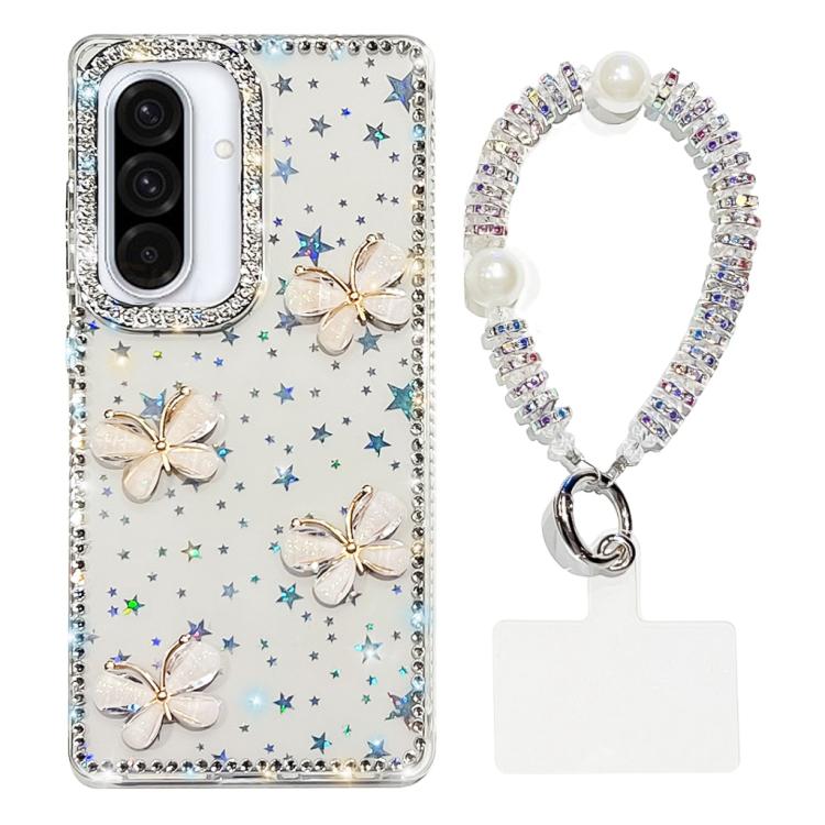 For Samsung Galaxy A36 5G Rhinestone Glitter 3D Butterfly Hand Chain Four-Corner Shockproof Phone Case
