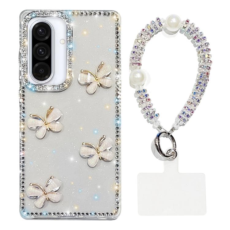 For Samsung Galaxy A36 5G Rhinestone Glitter 3D Butterfly Hand Chain Four-Corner Shockproof Phone Case