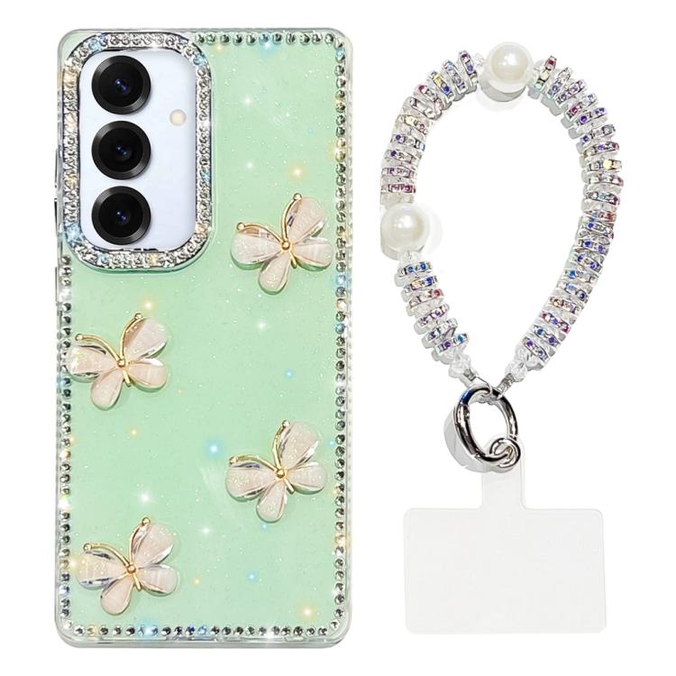 For Samsung Galaxy S25 5G Rhinestone Glitter 3D Butterfly Hand Chain Four-Corner Shockproof Phone Case