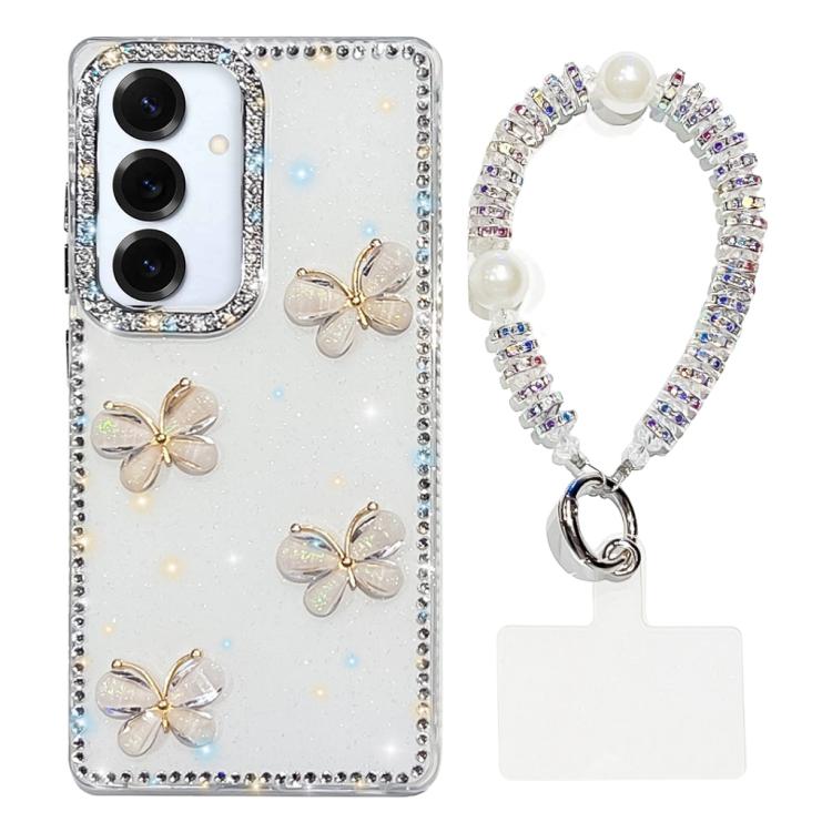 For Samsung Galaxy S25 5G Rhinestone Glitter 3D Butterfly Hand Chain Four-Corner Shockproof Phone Case
