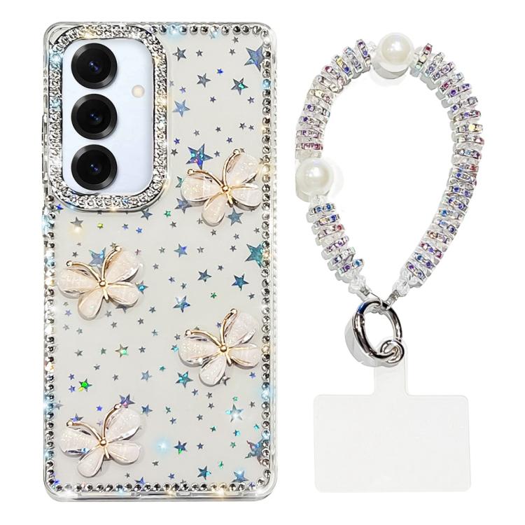For Samsung Galaxy S25 5G Rhinestone Glitter 3D Butterfly Hand Chain Four-Corner Shockproof Phone Case