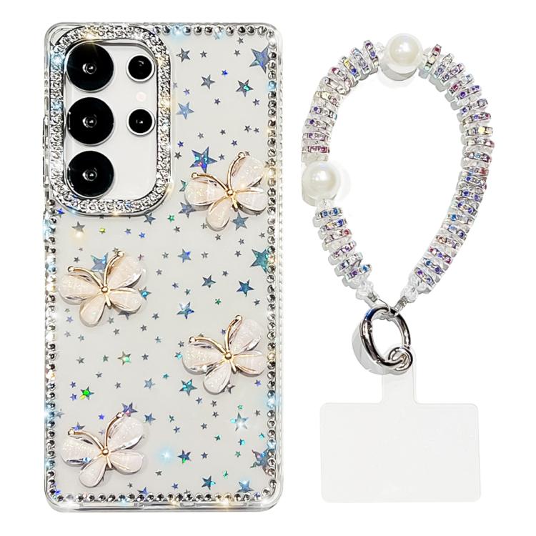 For Samsung Galaxy S25 Ultra 5G Rhinestone Glitter 3D Butterfly Hand Chain Four-Corner Shockproof Phone Case