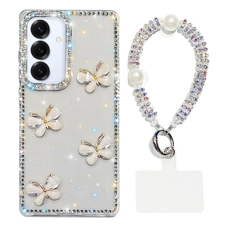 For Samsung Galaxy A16 5G Rhinestone Glitter 3D Butterfly Hand Chain Four-Corner Shockproof Phone Case