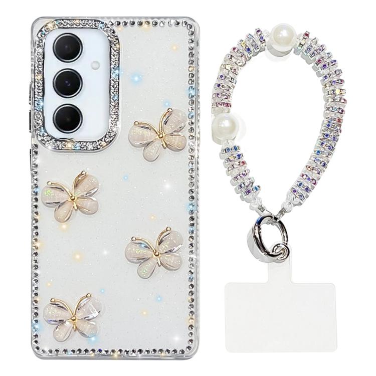 For Samsung Galaxy S24 FE 5G Rhinestone Glitter 3D Butterfly Hand Chain Four-Corner Shockproof Phone Case