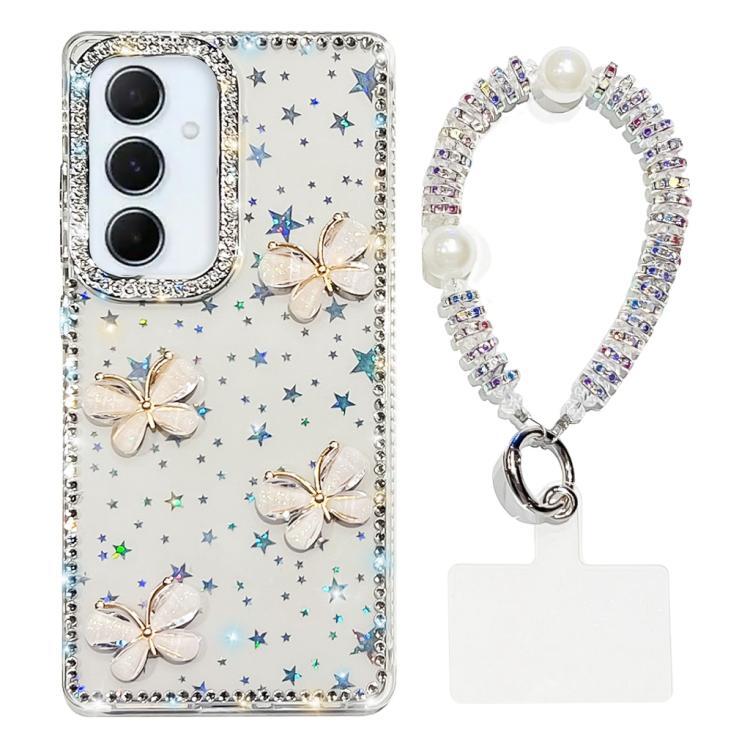 For Samsung Galaxy S24 FE 5G Rhinestone Glitter 3D Butterfly Hand Chain Four-Corner Shockproof Phone Case