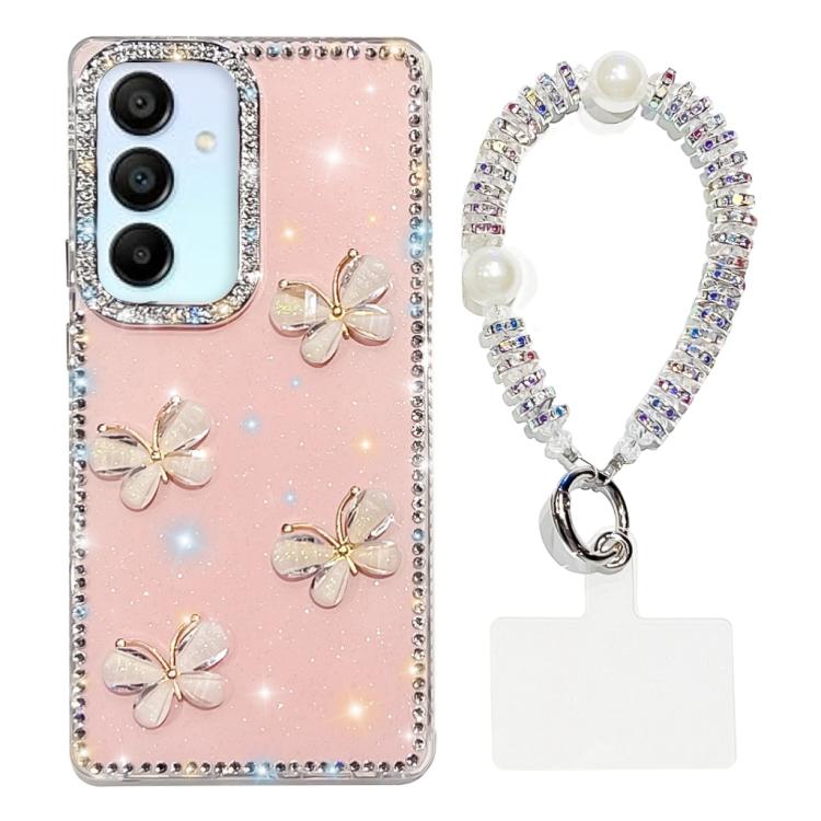 For Samsung Galaxy A15 5G Rhinestone Glitter 3D Butterfly Hand Chain Four-Corner Shockproof Phone Case