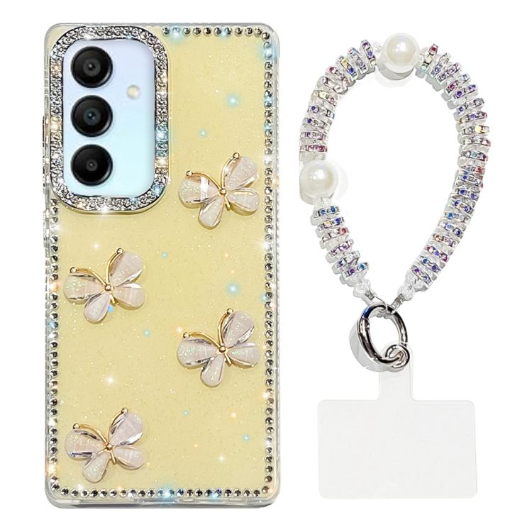 For Samsung Galaxy A15 5G Rhinestone Glitter 3D Butterfly Hand Chain Four-Corner Shockproof Phone Case